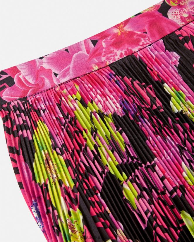 Versace falda plisada con logo orquídea mujer negro y estampado ropa H88R0H183