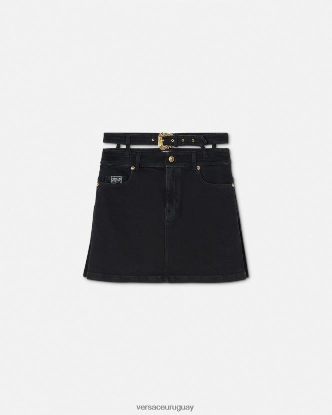 Versace minifalda de mezclilla con hebilla barroca mujer negro ropa H88R0H2151