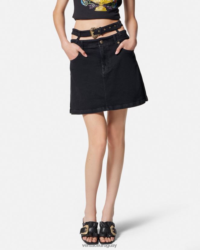 Versace minifalda de mezclilla con hebilla barroca mujer negro ropa H88R0H2151