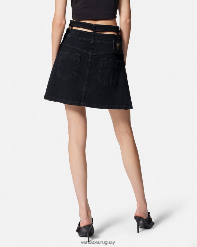 Versace minifalda de mezclilla con hebilla barroca mujer negro ropa H88R0H2151