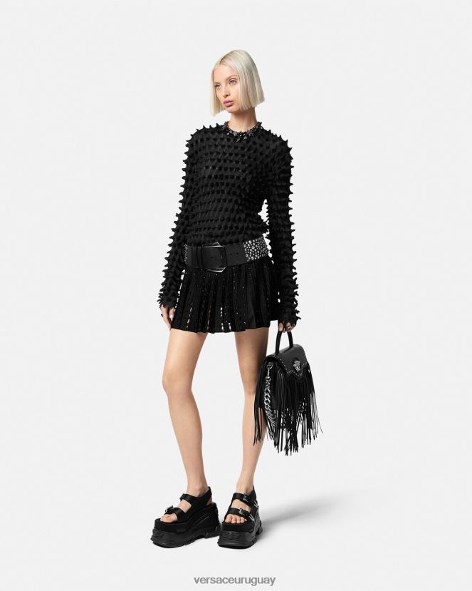 Versace minifalda plisada de punto con pinchos mujer negro ropa H88R0H184