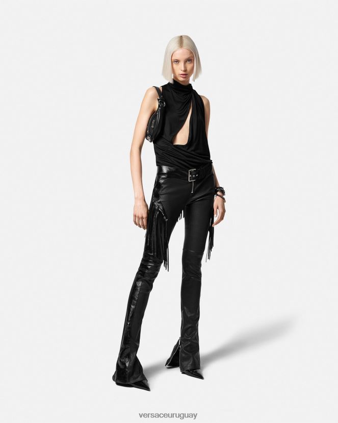 Versace pantalones de cuero con flecos mujer negro ropa H88R0H223