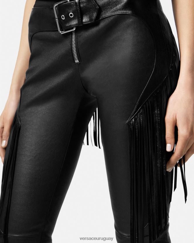 Versace pantalones de cuero con flecos mujer negro ropa H88R0H223