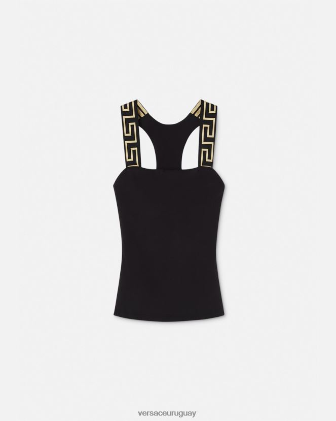 Versace camiseta sin mangas con borde de greca mujer negro ropa H88R0H236