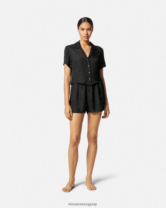 Versace shorts de pijama con borde barroco y greca mujer negro y gris ropa interior y ropa de playa H88R0H1025