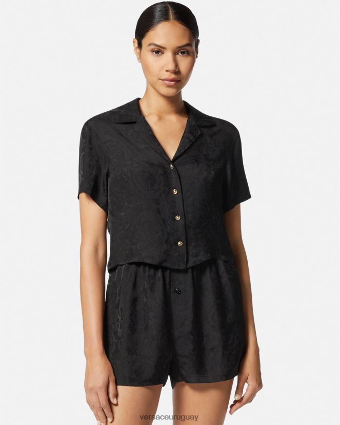 Versace top de pijama corto en jacquard barroco mujer negro y gris ropa interior y ropa de playa H88R0H1028