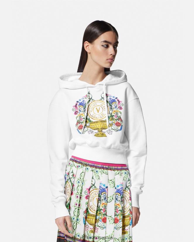 Versace sudadera corta con emblema en V mujer oro y blanco ropa H88R0H2232