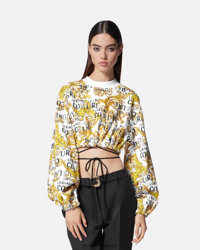 Versace sudadera corta de alta costura con logo mujer oro y blanco ropa H88R0H2225