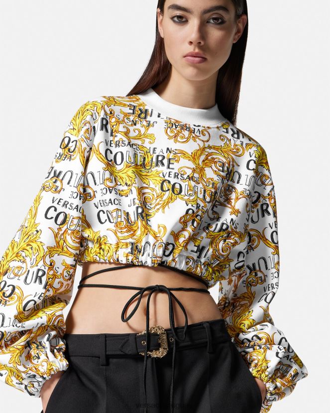 Versace sudadera corta de alta costura con logo mujer oro y blanco ropa H88R0H2225