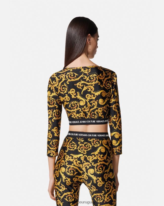 Versace top corto de alta costura con boceto mujer oro negro ropa H88R0H2167