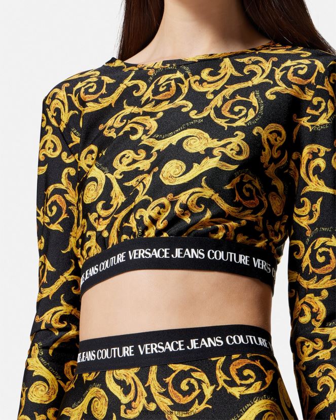 Versace top corto de alta costura con boceto mujer oro negro ropa H88R0H2167