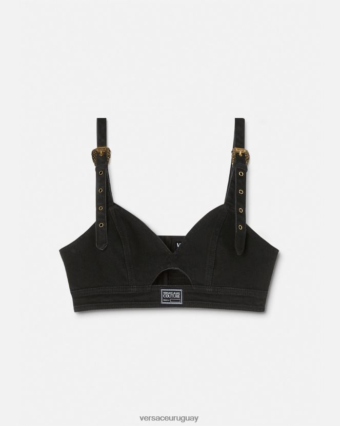 Versace top corto de mezclilla con hebilla barroca mujer negro ropa H88R0H2145
