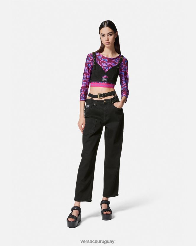 Versace top corto de mezclilla con hebilla barroca mujer negro ropa H88R0H2145
