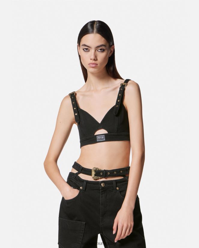 Versace top corto de mezclilla con hebilla barroca mujer negro ropa H88R0H2145