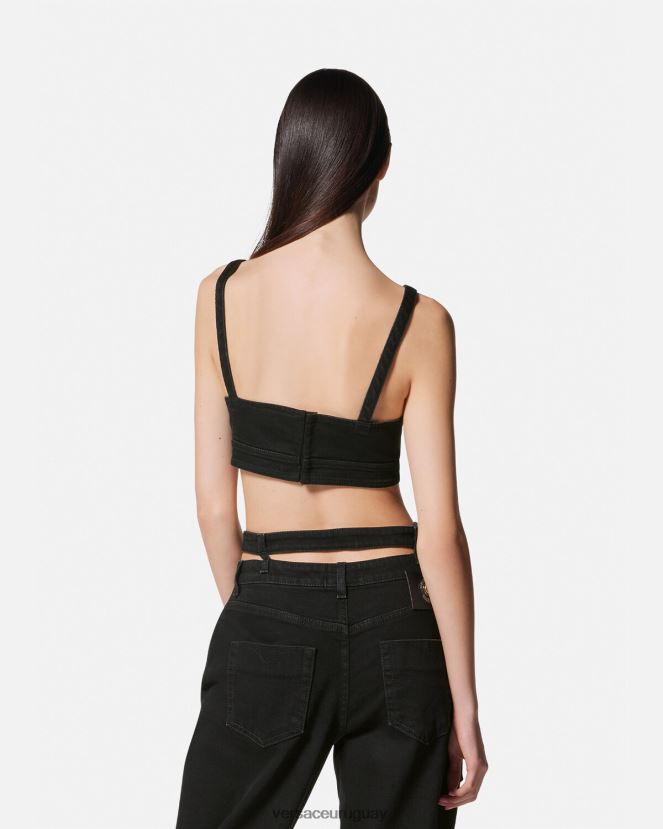 Versace top corto de mezclilla con hebilla barroca mujer negro ropa H88R0H2145