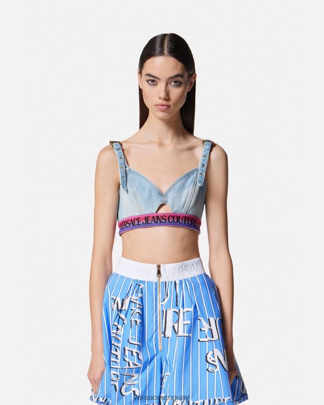 Versace top corto de mezclilla con logo mujer azul ropa H88R0H2200