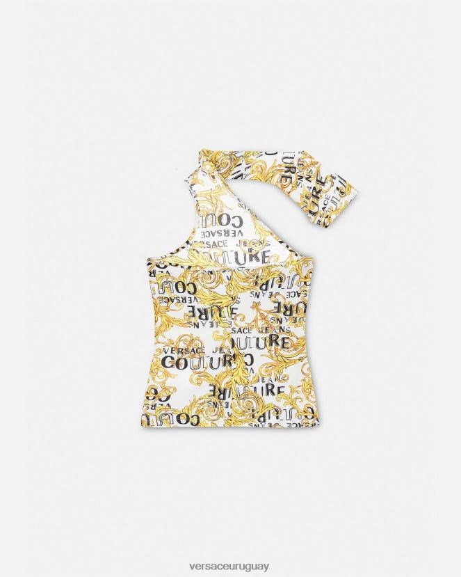 Versace top de un solo hombro con logo de alta costura mujer oro y blanco ropa H88R0H2205