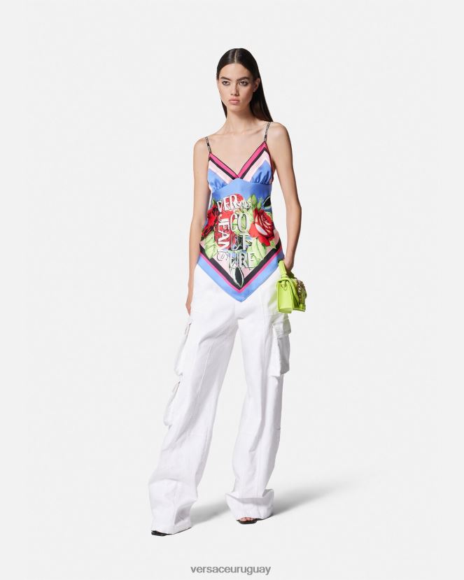 Versace top fular rosas mujer azul claro ropa H88R0H2165