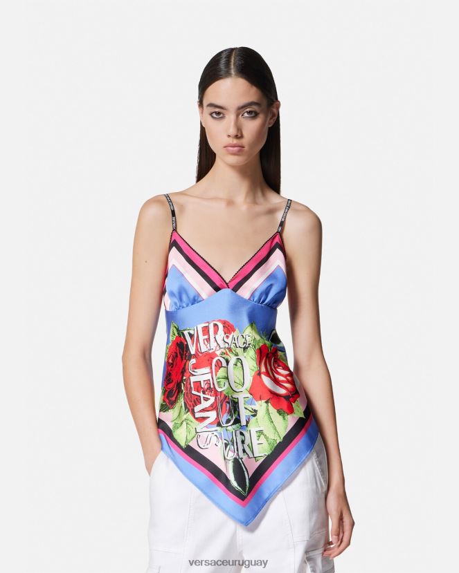 Versace top fular rosas mujer azul claro ropa H88R0H2165