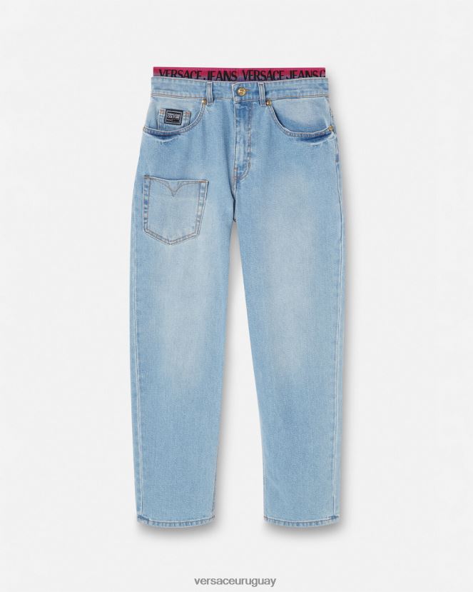 Versace vaqueros con logo en la cinturilla mujer azul ropa H88R0H2237