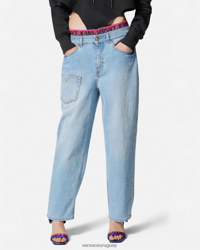 Versace vaqueros con logo en la cinturilla mujer azul ropa H88R0H2237