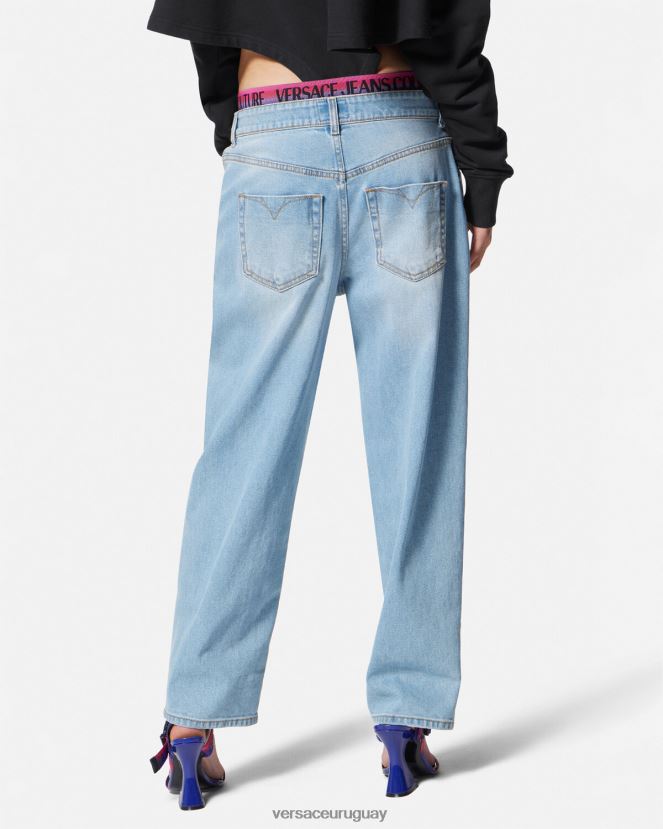 Versace vaqueros con logo en la cinturilla mujer azul ropa H88R0H2237