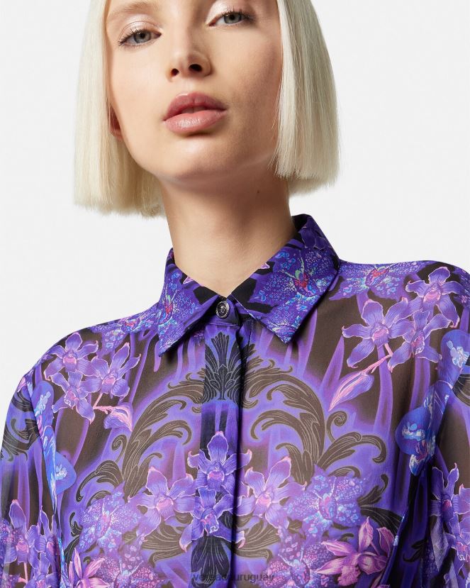 Versace vestido camisero midi con diseño barroco color orquídea mujer violeta y estampado ropa H88R0H54