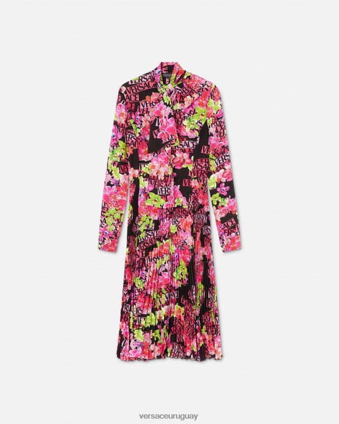 Versace vestido camisero midi con logo y orquídeas mujer negro y estampado ropa H88R0H68