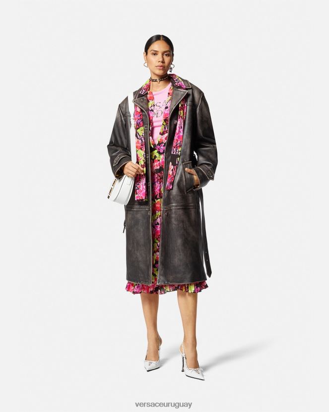 Versace vestido camisero midi con logo y orquídeas mujer negro y estampado ropa H88R0H68