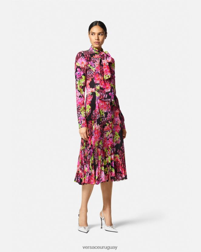 Versace vestido camisero midi con logo y orquídeas mujer negro y estampado ropa H88R0H68