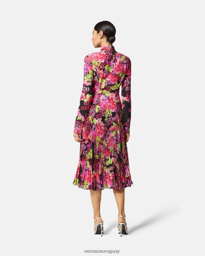 Versace vestido camisero midi con logo y orquídeas mujer negro y estampado ropa H88R0H68