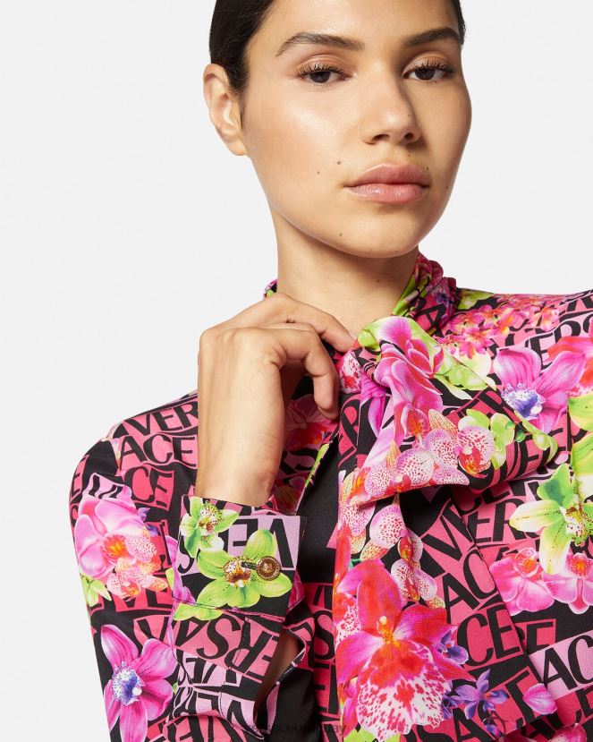 Versace vestido camisero midi con logo y orquídeas mujer negro y estampado ropa H88R0H68
