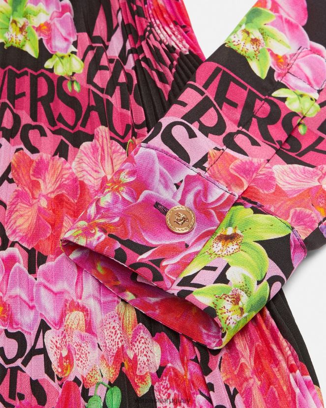 Versace vestido camisero midi con logo y orquídeas mujer negro y estampado ropa H88R0H68