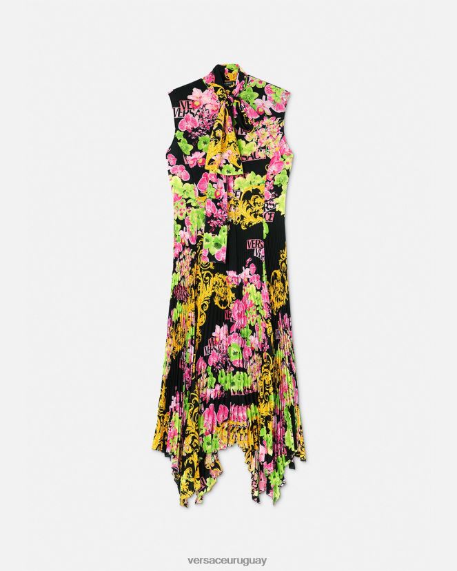 Versace vestido camisero midi con logo y orquídeas mujer negro y estampado ropa H88R0H69