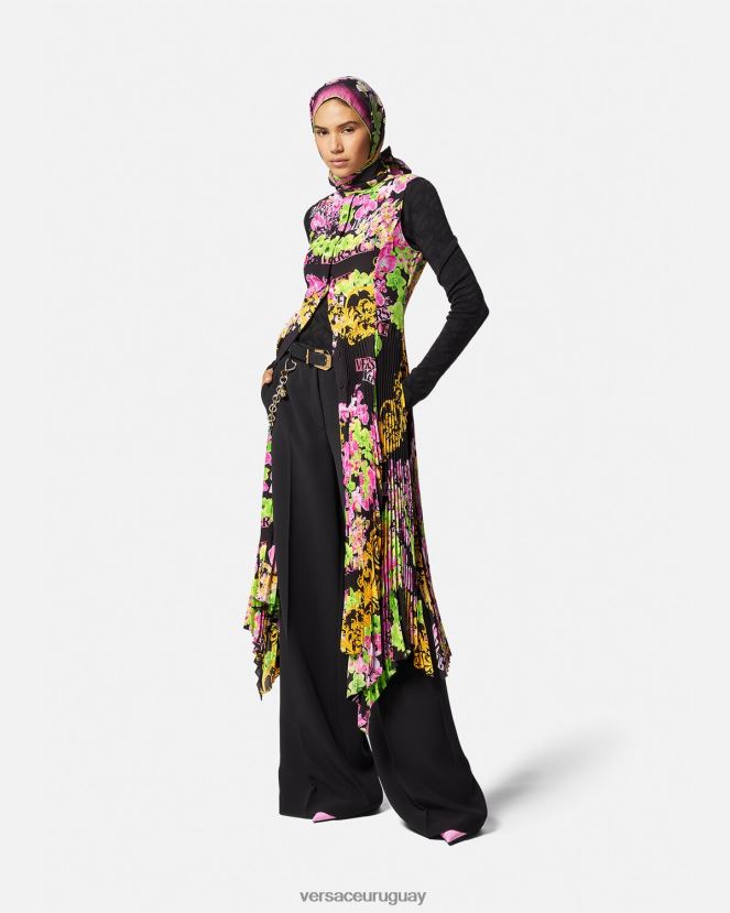 Versace vestido camisero midi con logo y orquídeas mujer negro y estampado ropa H88R0H69