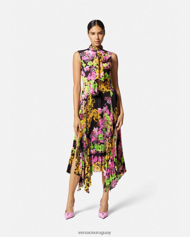 Versace vestido camisero midi con logo y orquídeas mujer negro y estampado ropa H88R0H69