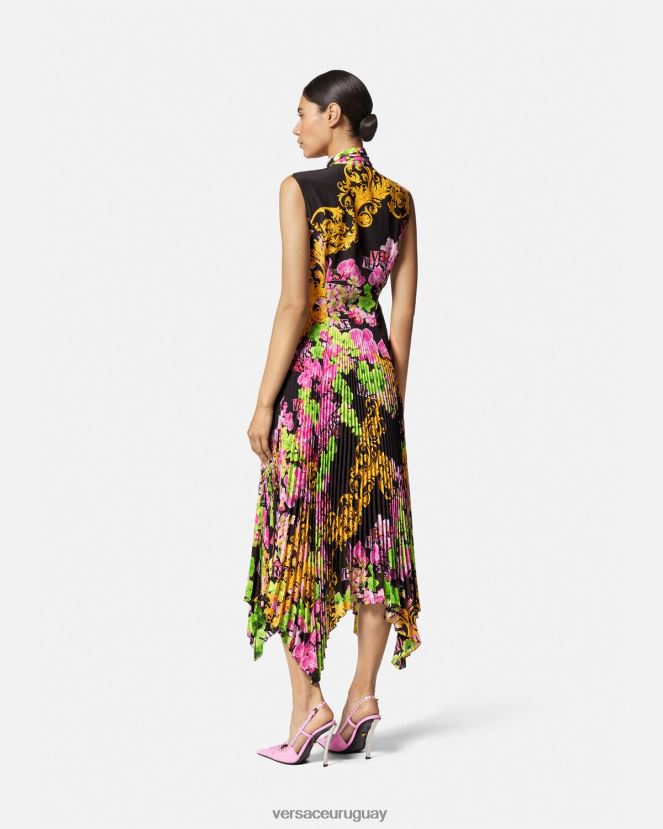 Versace vestido camisero midi con logo y orquídeas mujer negro y estampado ropa H88R0H69