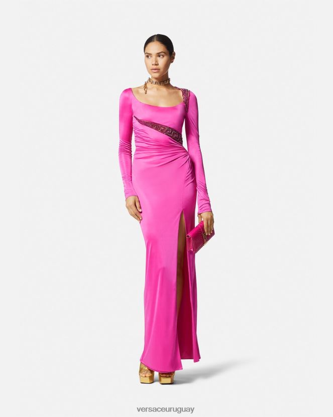 Versace vestido con detalles de greca y cristales mujer fucsia ropa H88R0H64