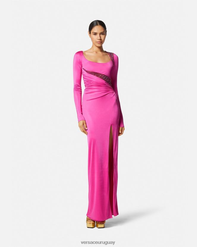 Versace vestido con detalles de greca y cristales mujer fucsia ropa H88R0H64