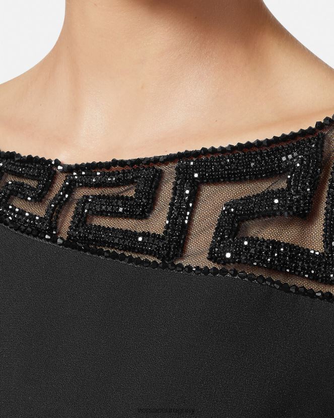 Versace vestido corto con detalles de Greca y cristales mujer negro ropa H88R0H37
