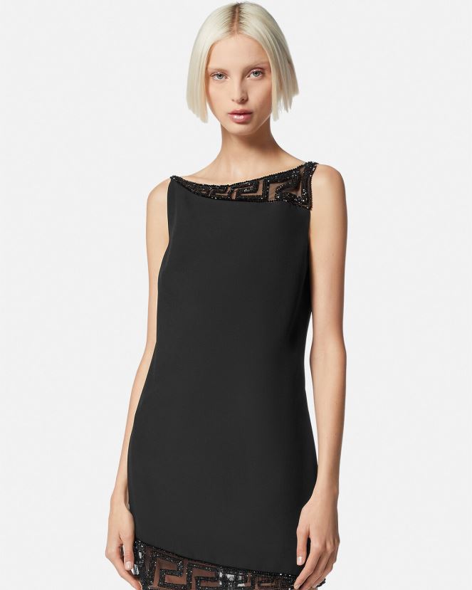 Versace vestido corto con detalles de Greca y cristales mujer negro ropa H88R0H37
