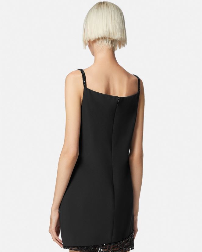 Versace vestido corto con detalles de Greca y cristales mujer negro ropa H88R0H37