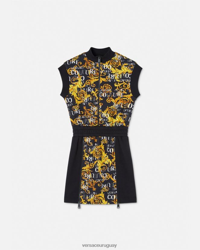 Versace vestido corto de alta costura con logo y cremallera mujer oro negro ropa H88R0H2182