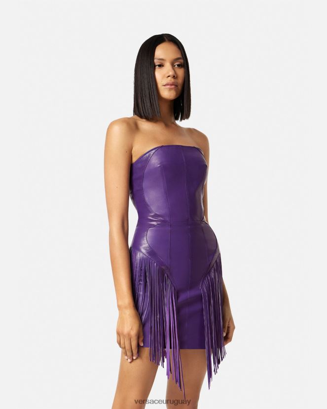 Versace vestido corto de cuero con flecos mujer Violeta ropa H88R0H73