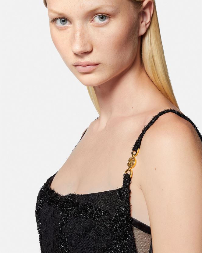 Versace vestido corto de tweed con puntas de Medusa mujer negro ropa H88R0H77