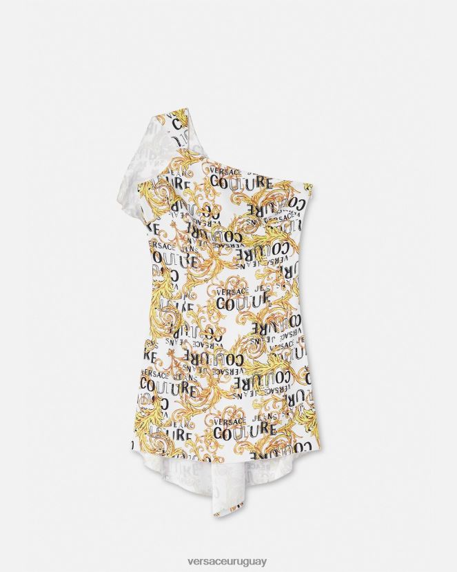 Versace vestido de alta costura con logo y un solo hombro mujer oro y blanco ropa H88R0H2186