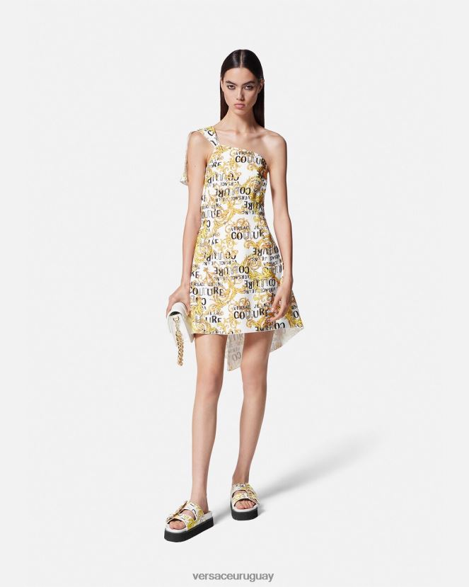 Versace vestido de alta costura con logo y un solo hombro mujer oro y blanco ropa H88R0H2186