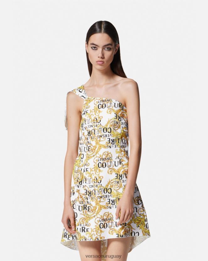 Versace vestido de alta costura con logo y un solo hombro mujer oro y blanco ropa H88R0H2186