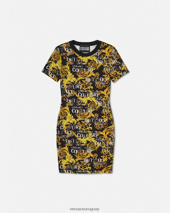 Versace vestido estilo camiseta de alta costura con logo mujer oro negro ropa H88R0H2183