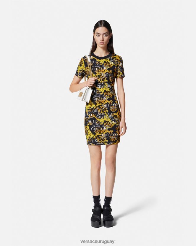 Versace vestido estilo camiseta de alta costura con logo mujer oro negro ropa H88R0H2183